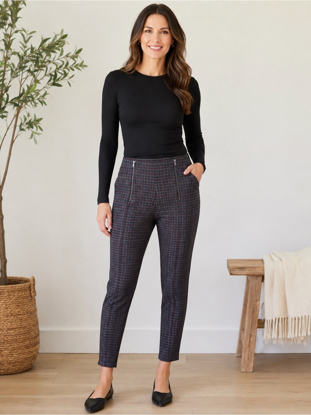 HUE Charcoal Multi Plaid Slim Ankle Pants Size P/S Preppy Fall Office Busi A’s